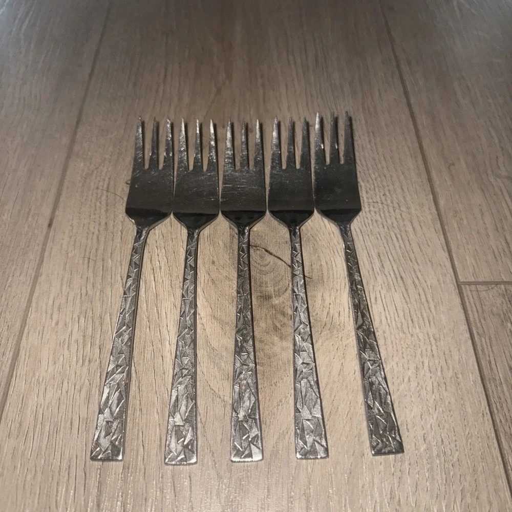 5 Towle SCC Cubist Stainless Flatware Salad Forks Aquarius Pattern Japan MCM,50s